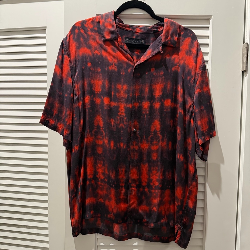 AllSaints Red & Black Tie-Dye Short Sleeve Shirt